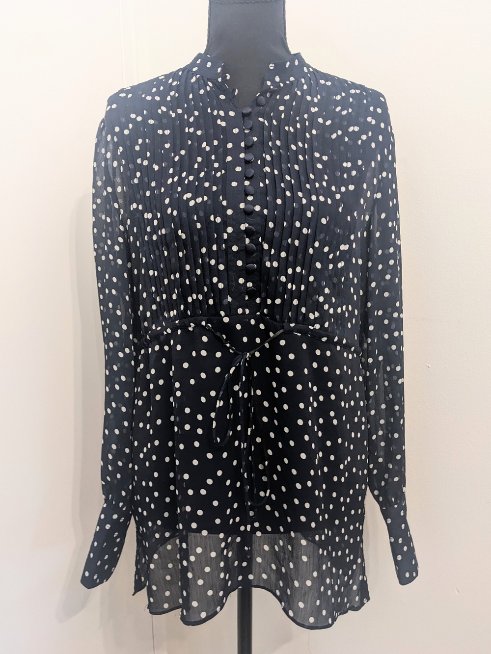 George Navy and White Polka Dot Tie-Waist Tunic with Pleated Bodice and Buttons